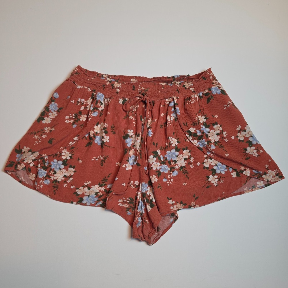 American Eagle Floral Smocked Waist Flowy Shorts Rust Orange Large L